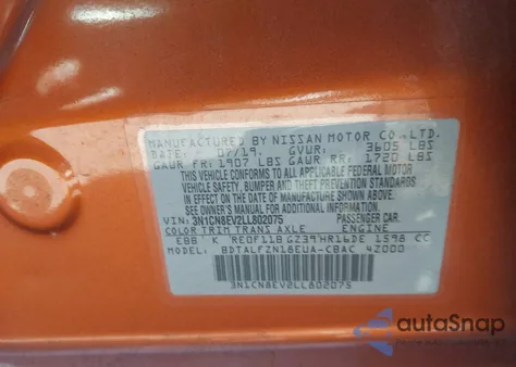 2020 Nissan Versa Sv Xtronic Cvt из США, поврежденный, VIN 3N1CN8EV2LL802075